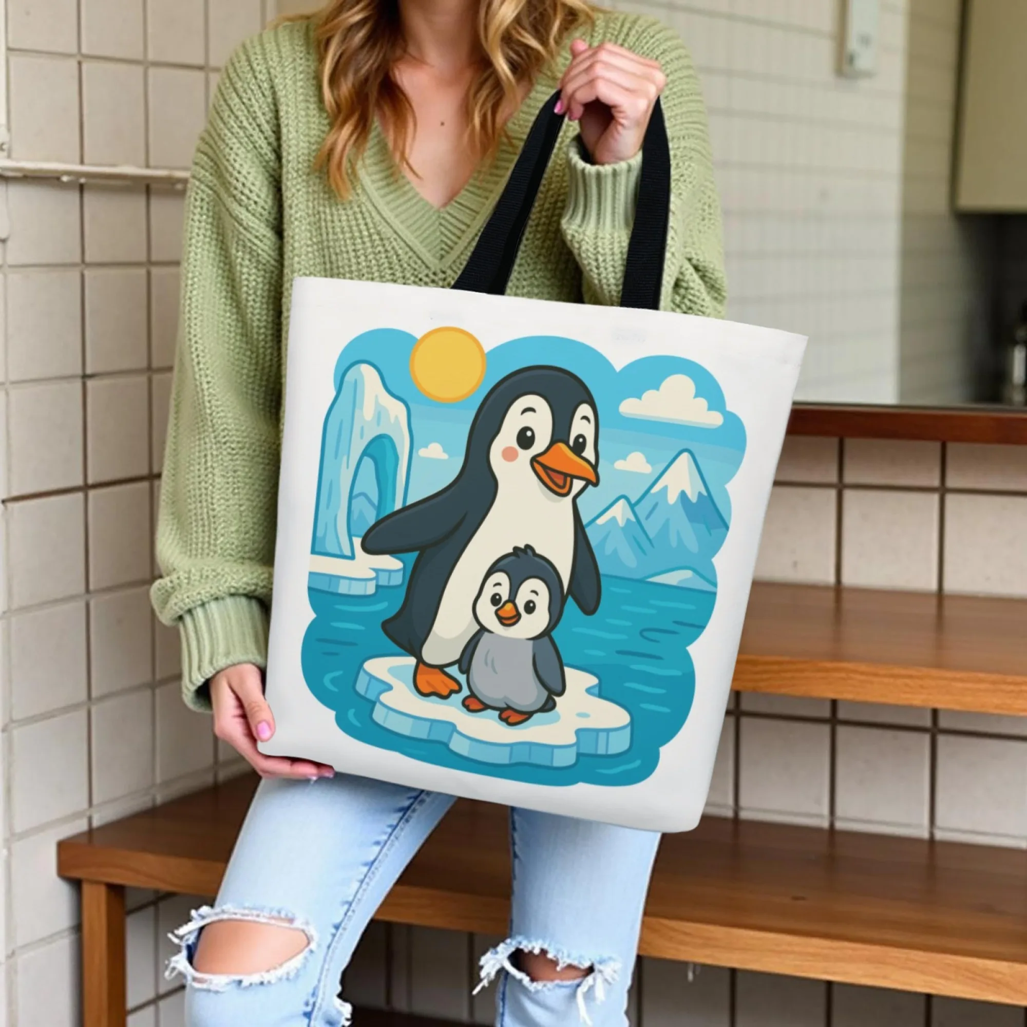 韓国風 カワイイ 居心地の良い 暖かい ペンギンファミリー トレンド キャンバストートバッグ ファッション 再利用可能なハンドバッグ キュートな毎日の通勤やスイートなシーンに