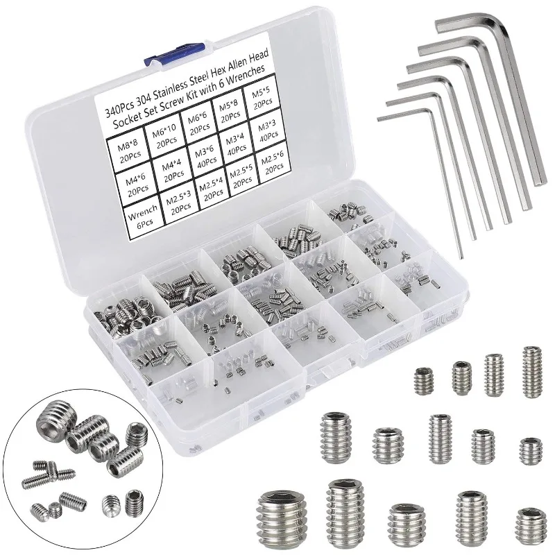 

BIESUO 340pcs Stainless Steel Hexagonal Setting Machine Set Screw Set Screw Box Screws