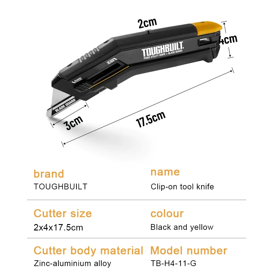 TOUGHBUILT TB-H4-11-G Clip-on Tool Knife Fixed Blade+Sliding Guard (contains 5 blades) Multi-functional Utility Knife Hand Tools