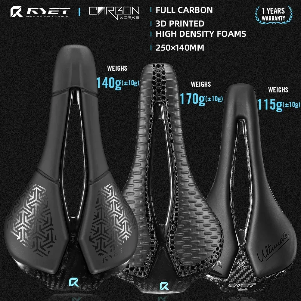 

RYET 3D Printed 250mmx140mm Full Carbon Bike Saddle 115g Super Light Bicycle Seat MTB Gravel Road Saddle Cycling Saddle Parts