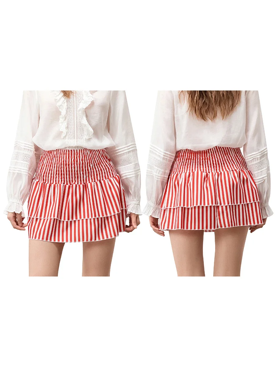 Women's y2k Smocked Mini Skirts Casual High Waist A-Line Beach Pink Striped Short Skirts Layered Ruffle Shorts Skirts Streetwear