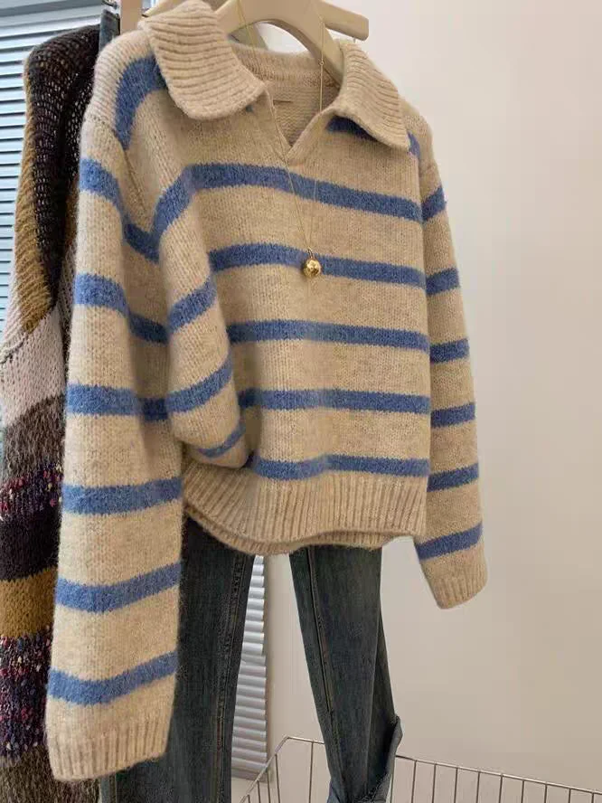 

Женский вязаный свитер Sli в полоску, новинка 2025, ранняя осень, ленивый высококачественный мягкий топ Thi Long Sve