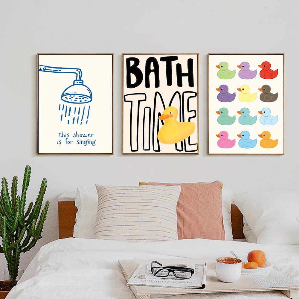 Unframe  Bath Time Rubber Duck Printable Bathroom Wall Art Set Of 6 Funny Kids Bathroom Decor Retro Colorful Ducks Shower Singin