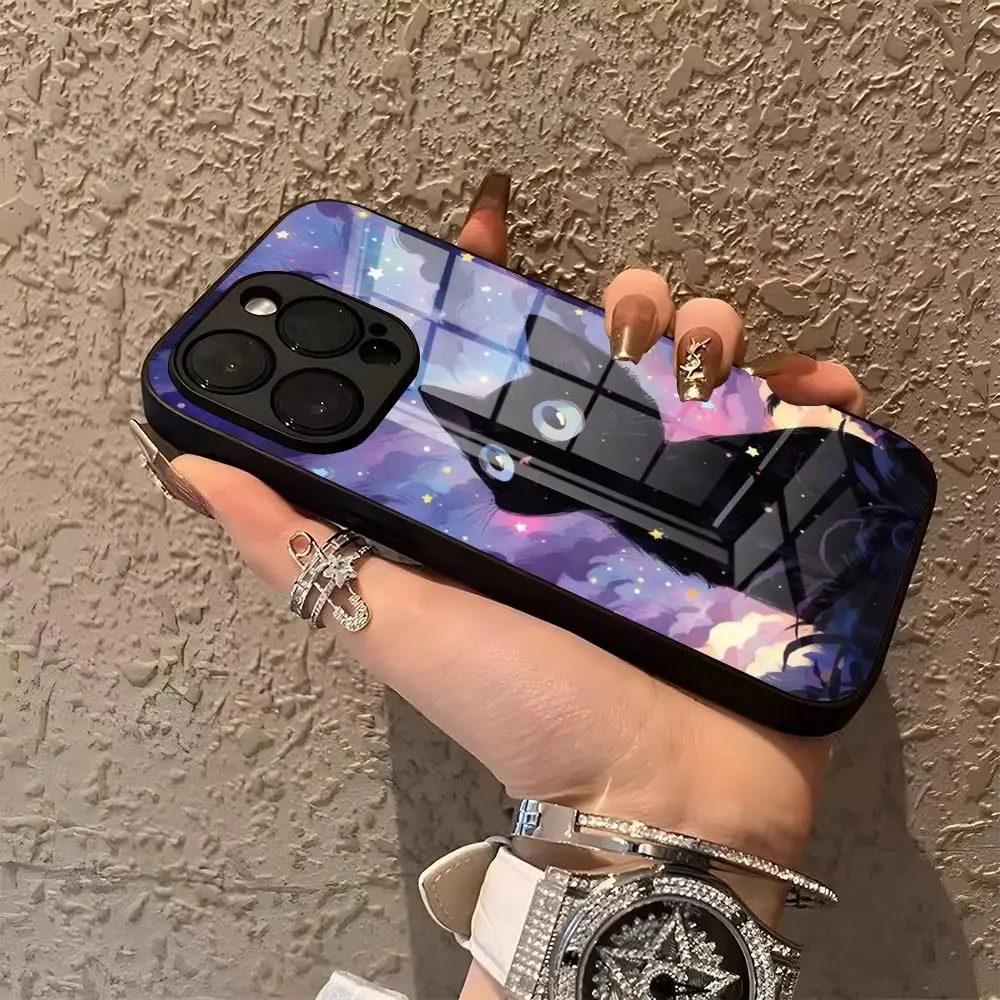 

Starry Sky Cat Phone Case for iPhone 15 Pro Max 14 Pro 12 16 11 13 Mini X XR XS 8 7 Plus SE Tempered Glass Back Cover
