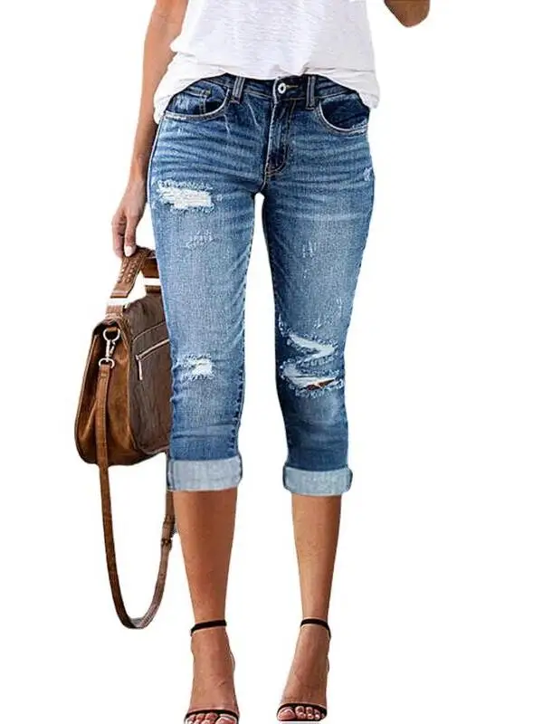 

Fashionable Ripped Elastic Denim Jeans High Waist Commute Style Blue Cotton Blend mid Stretch Women's Clothing Summer