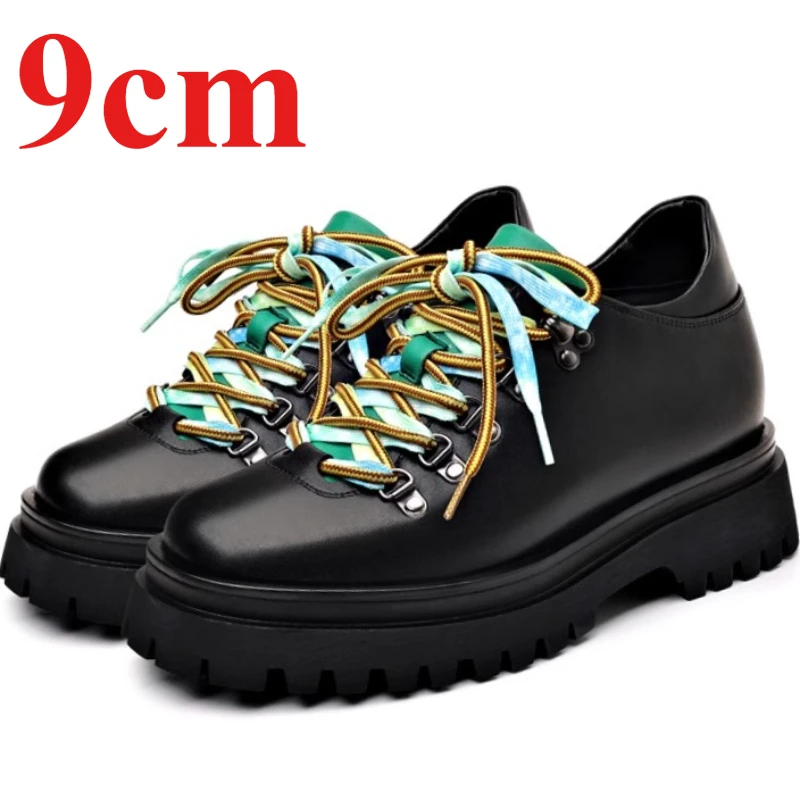 Black Derby Height-increasing Shoes for Men's Increase 9cm Wedding Elevated Shoes Host Stage Thick Soled Dress Leather Shoes Man