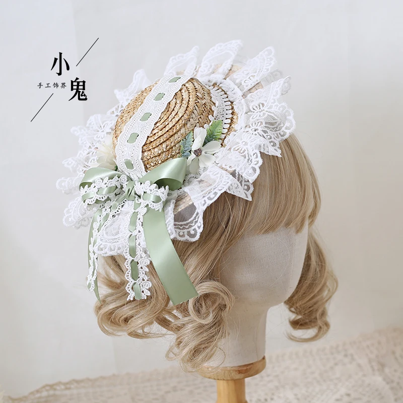 

Original handmade elegant top hat lolita lace straw hat lolita flat hat Mori flower headdress