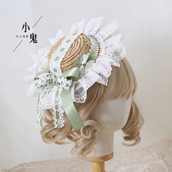 Original handmade elegant top hat lolita lace straw hat lolita flat hat Mori flower headdress