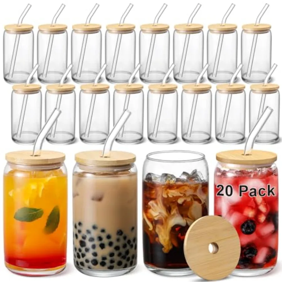 

20pcs Set ] Glass Cups with Bamboo Lids and Glass Straw - Beer Shaped 16 oz Iced Coffee Drinking Glasses, Cute Tumbler Cup for