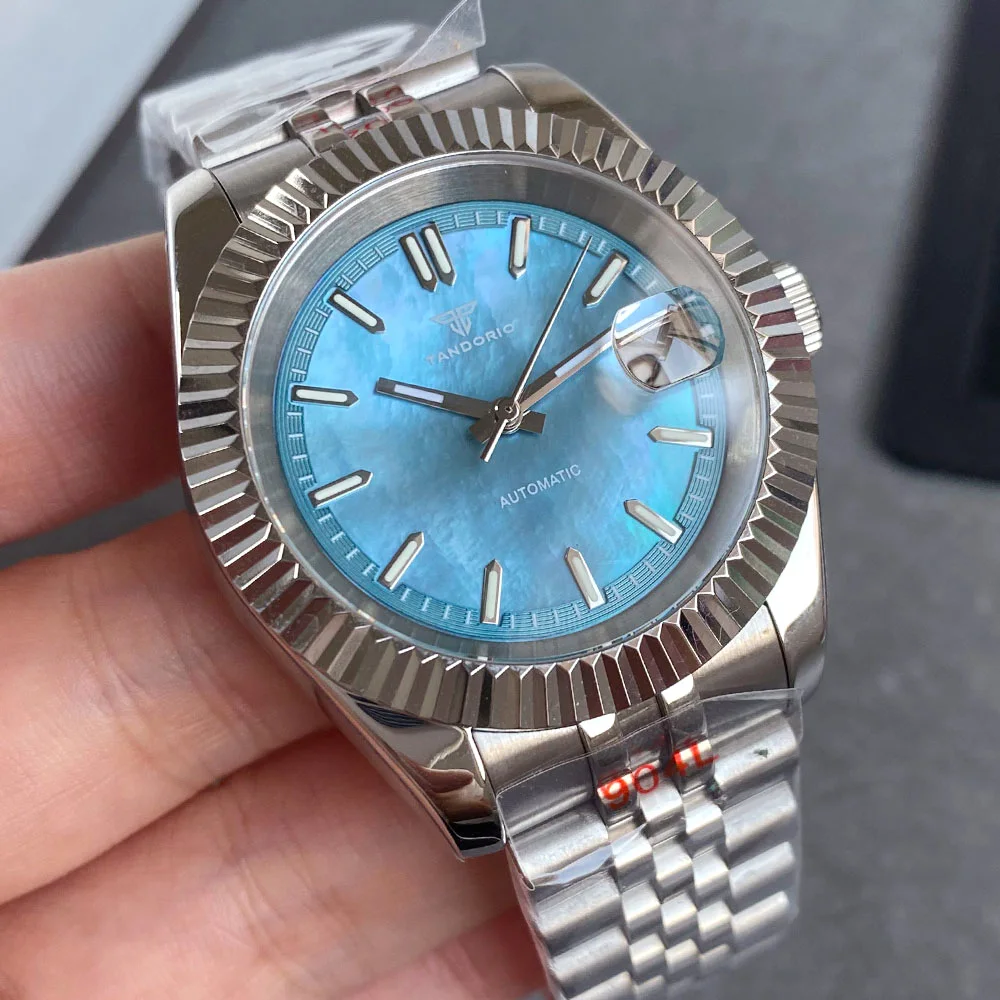 Tandorio 39mm Ice Blue MOP Mother of Pearl Shell Dial Luminous 200M Diver NH35 Mechanical Watch Men Steel Bracelet