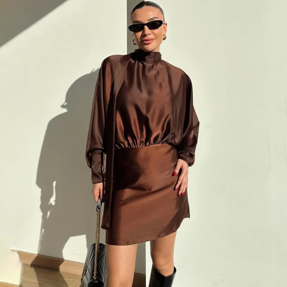 

Tuularose Luxury Satin Dress Summer Fashion Scarf Ribbon Solid Ruffled Pleated Mini Dress Elegant New Women's Party Dresses 2026