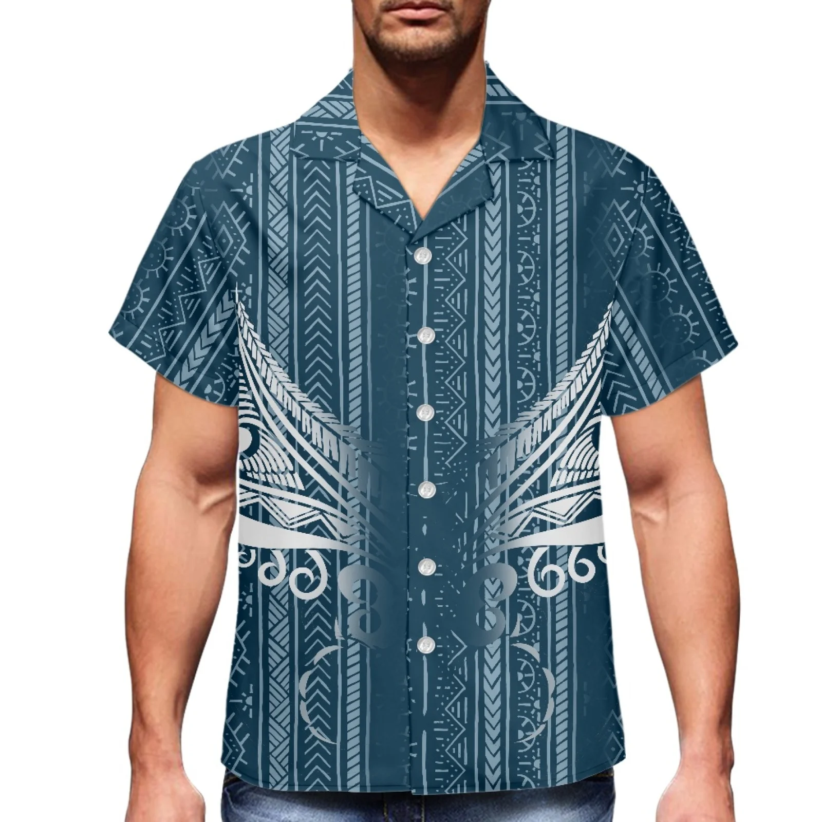 Wing Blue Print Design New Polynesian Style Luxury Men's Shirt V-Neck Men's Short Sleeve Hawaiian Sport Shirt 2023 Summer Wear