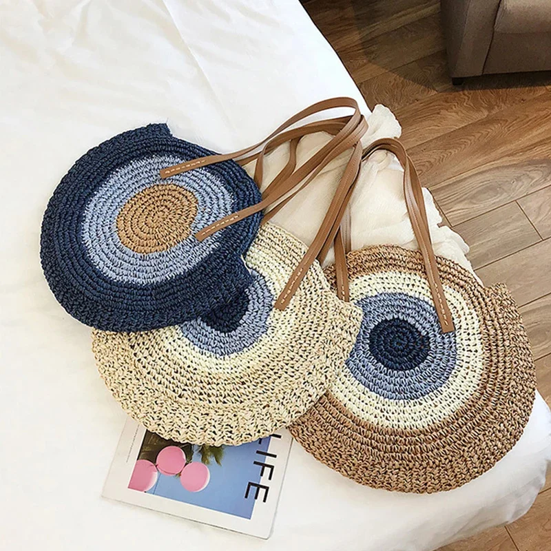 

Summer Round Straw Shoulder Bag Women Handmade Weaven Beach Bags Large Capacity Handbag Rattan Handle Bag Casual Vacation Tote