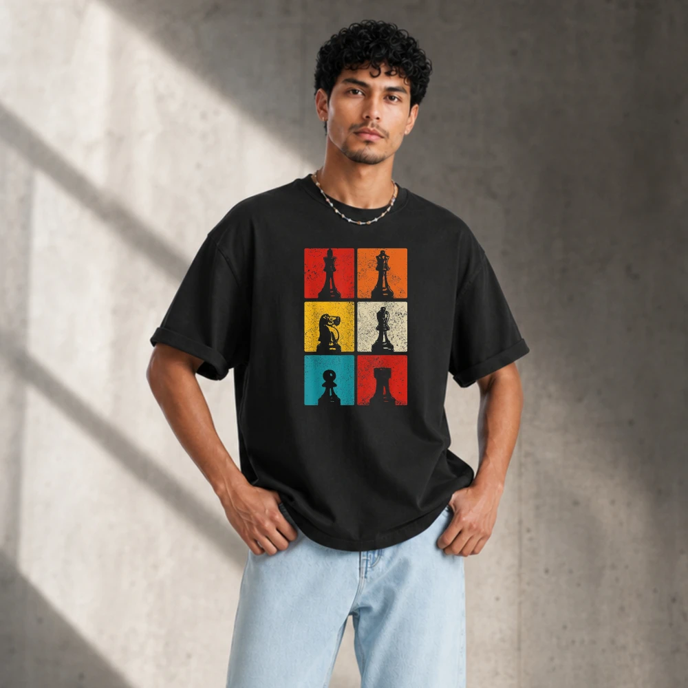 Vintage Retro 6 Grid Chess Pieces Distressed Print Men Cotton T Shirt Chess Lover Graphic Unisex Loose Casual Streetwear Tees