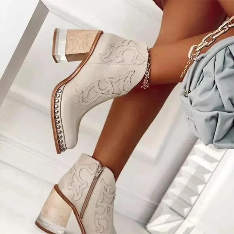 Female Ankle Boots 2024 Leather Women\'s Shoes Low Heel Cool British Embroidered Design Soft Short Boots Party Ladies Footwear PU