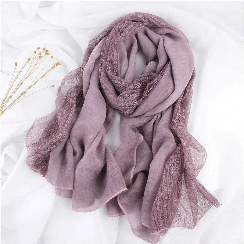 Korean Lace Patchwork Cotton and Linen Scarf Women\'s Linen Versatile Styles Thin and Long Winter Solid Color Silk Shawl