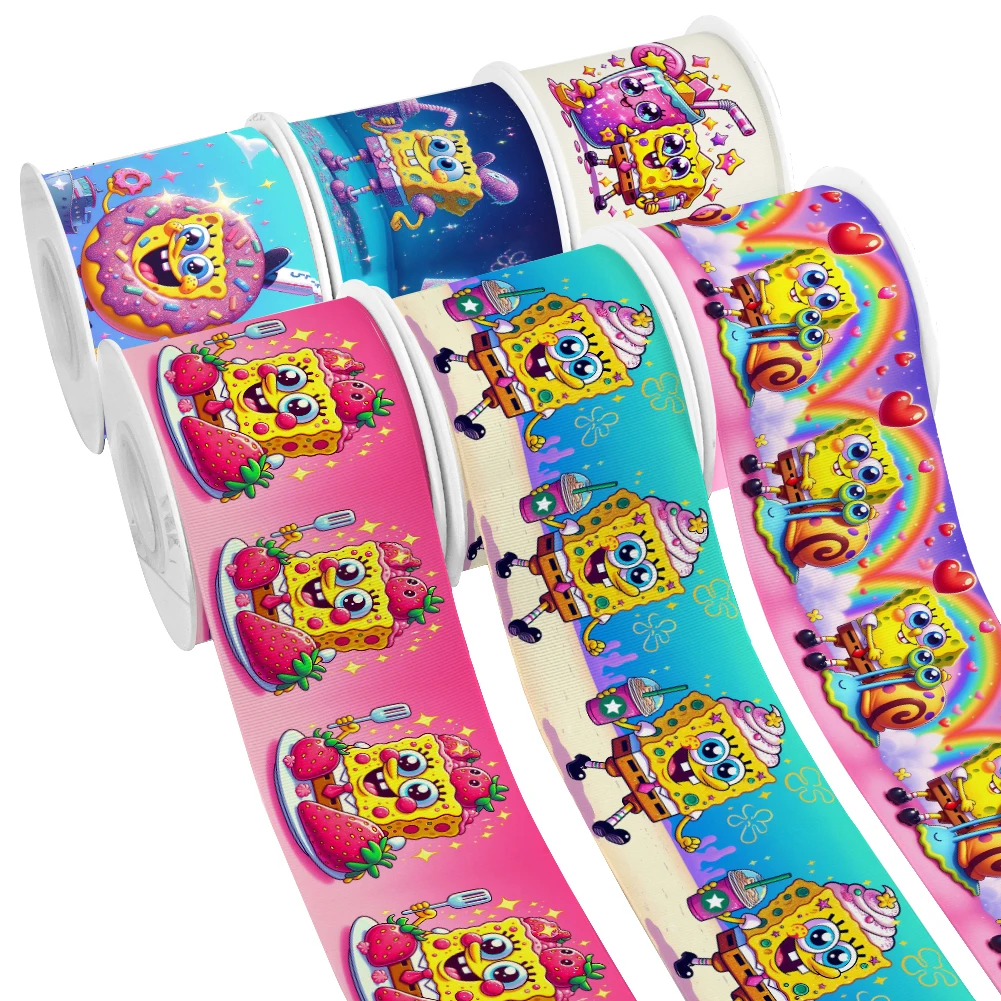 Cartoon SpongeBob SquarePants Pattern Printed Grosgrain Satin Ribbon for Gift Wrapping Hair Bow Craft Accessory 50 Yards