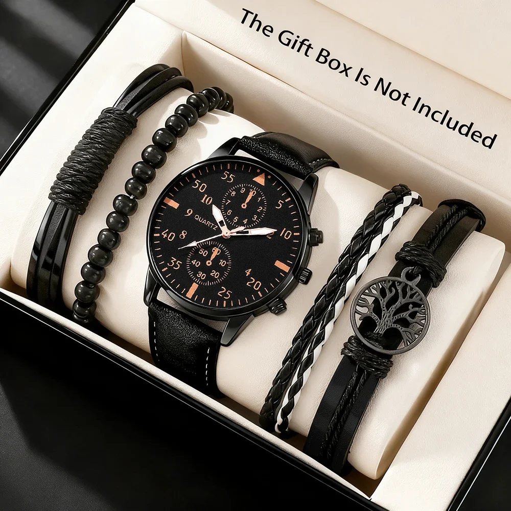 1pc Men's New Watch+4pc Bracelet Jewelry Set Texture Strap Handsome Dial Fashionable Appearance Best Choice for Daily Dressing