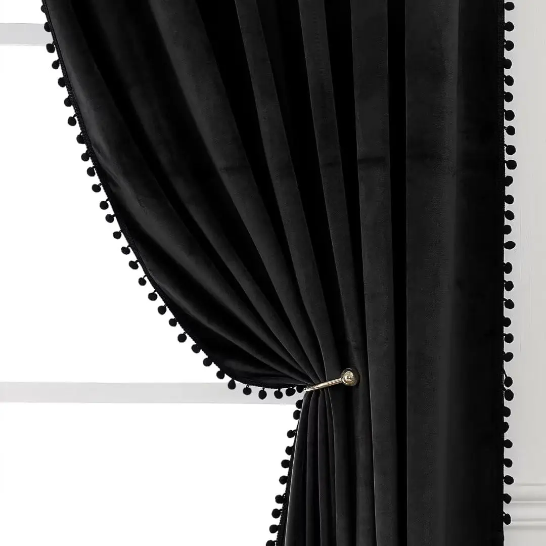 Black Blackout Pom Pom Velvet Curtains for Bedroom Living Room Darkening Window Drapes Thermal Insulated