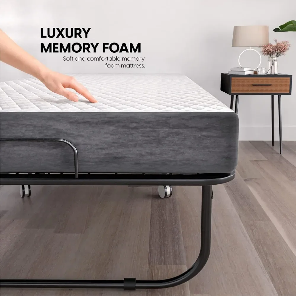 Folding Bed with Mattress - 75x38 Twin Size Bed Frame - Portable Foldable Roll Away Adult Bed for Guest - 5-inch Thick