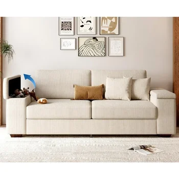 Canapé 3 Places avec Oreillers, Confortable, en Forme de Nuage, de Couleur Crème, à Siège Profond, pour Salon, 89 Pouces