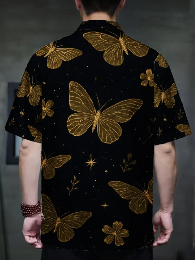 Men Chinese Style Shirt Casual Butterfly Print Mandarin Collar Short Sleeve Tang Suit Traditional Oriental Frog Button Tunics