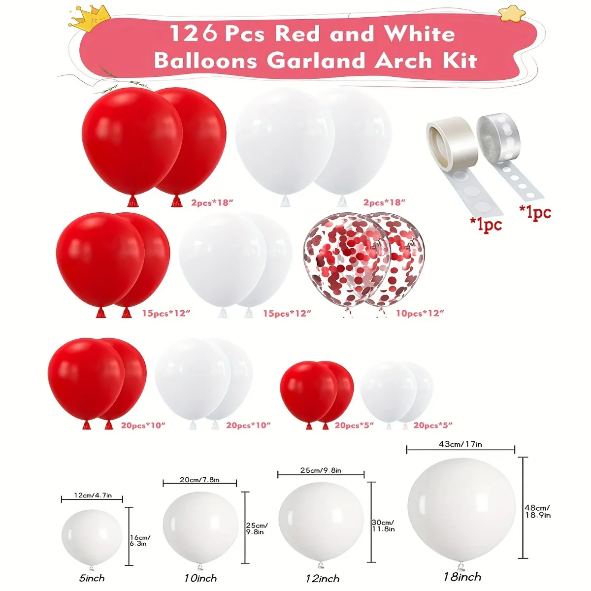 126pcs  red and white balloon arch set, suitable for wedding, birthday, Christmas party wreaths and proposal decorations