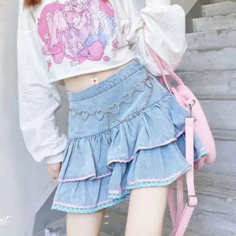 Mini Skirts Sweet Lolita Style Women Harajuku Cute Preppy Style Jk Denim Skirt Japanese Girls Sexy Punk High Waist Tiered Skirt