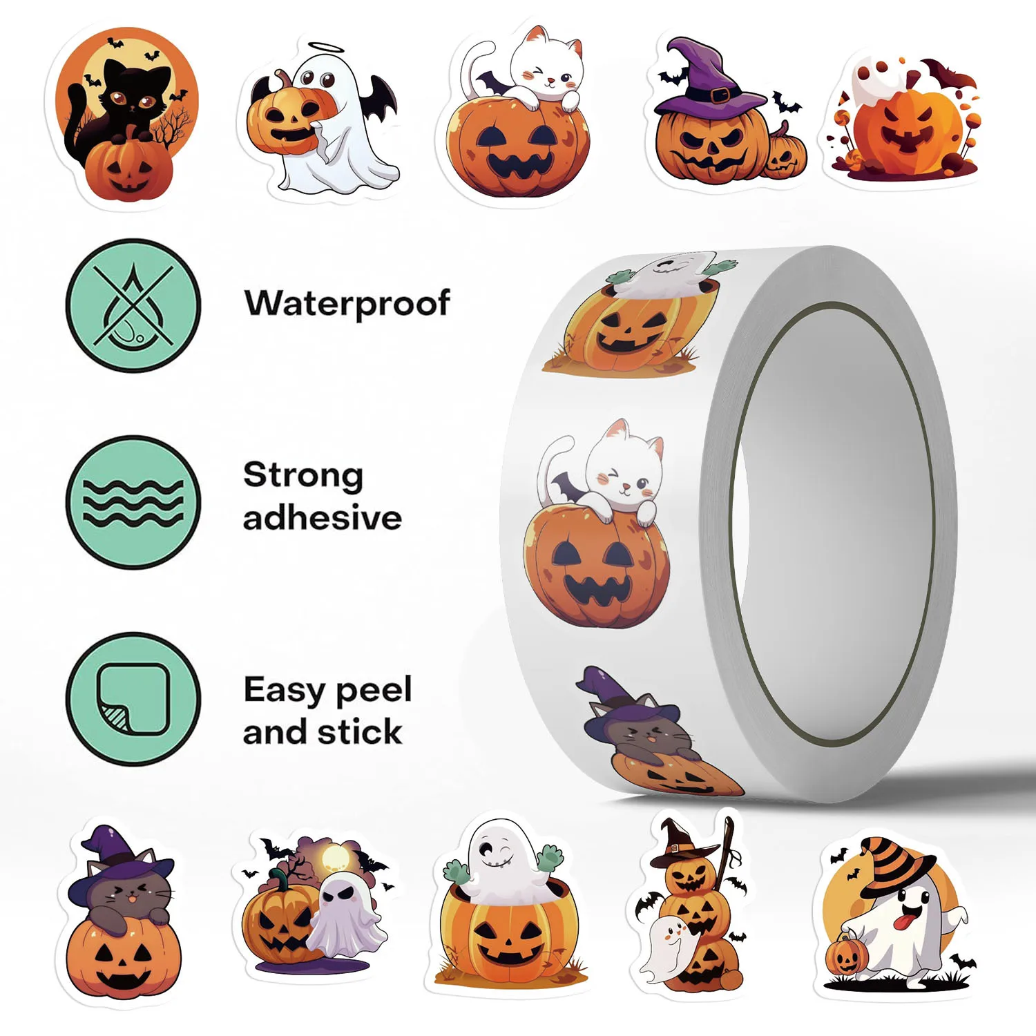 500Pcs Halloween Stickers Roll, 6 Designs Cute Ghost Pumpkin Cat Vinyl Labels, Waterproof Adhesive for Kids Party Favors Gifts