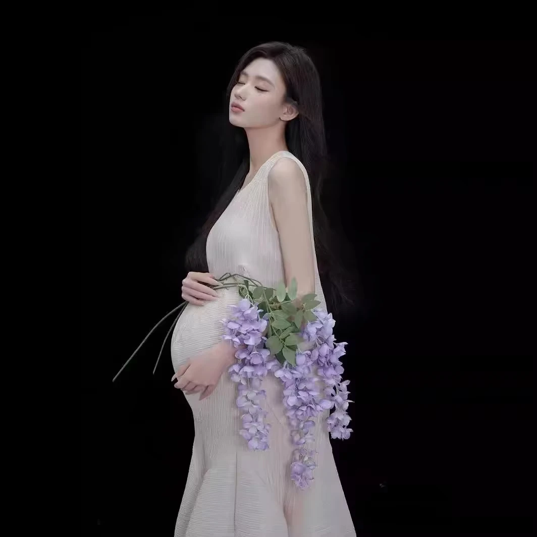 Women Elegant White Maternity Dresses for Photoshoot Stylish High End Pregnancy Gown Artistic Bump Photo Outfit Clothing for Mom - view 3