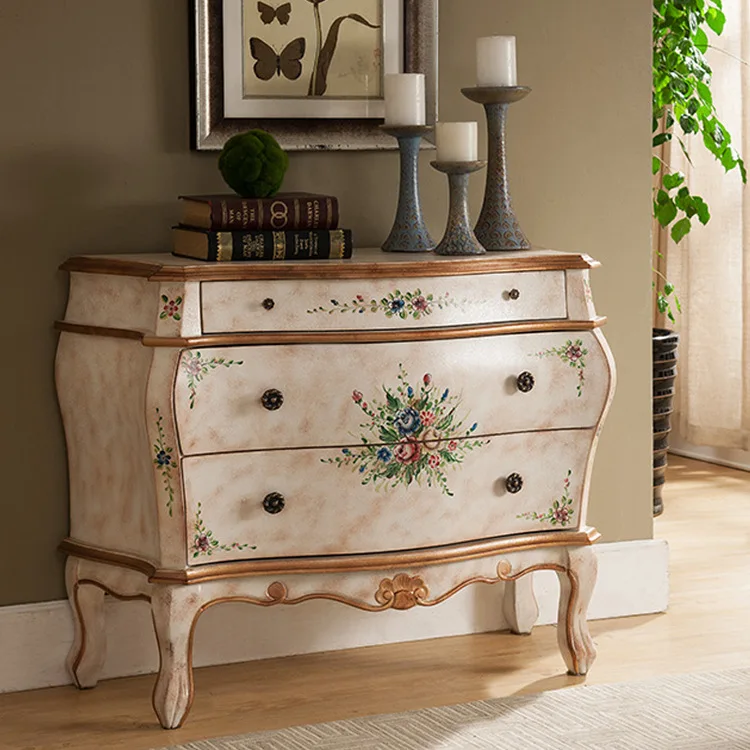 

Supreme American Painted Entrance Cabinet Solid Wood Three-bucket Drawer Cabinet Locker Vintage White Painted Side Cabinet