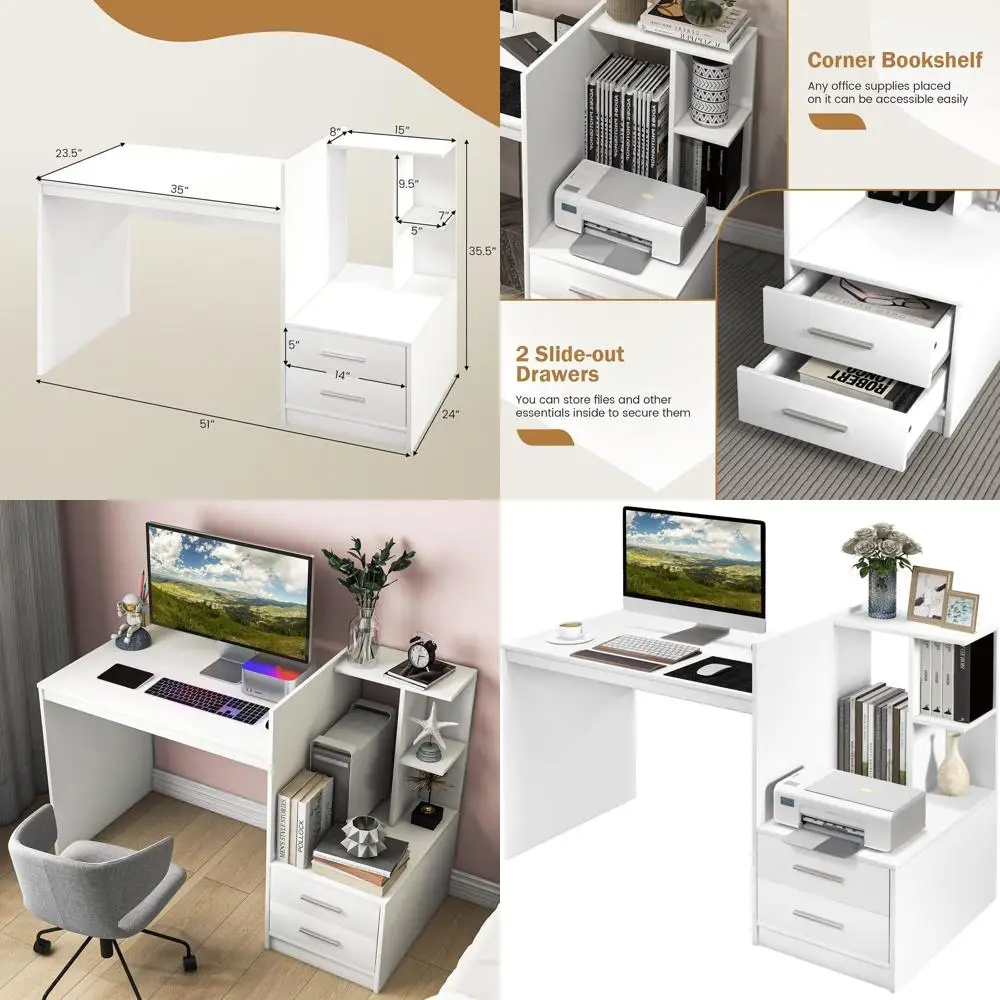White Corner Desk with Storage, Bookshelf, and Printer Stand for Home Office and Small Spaces