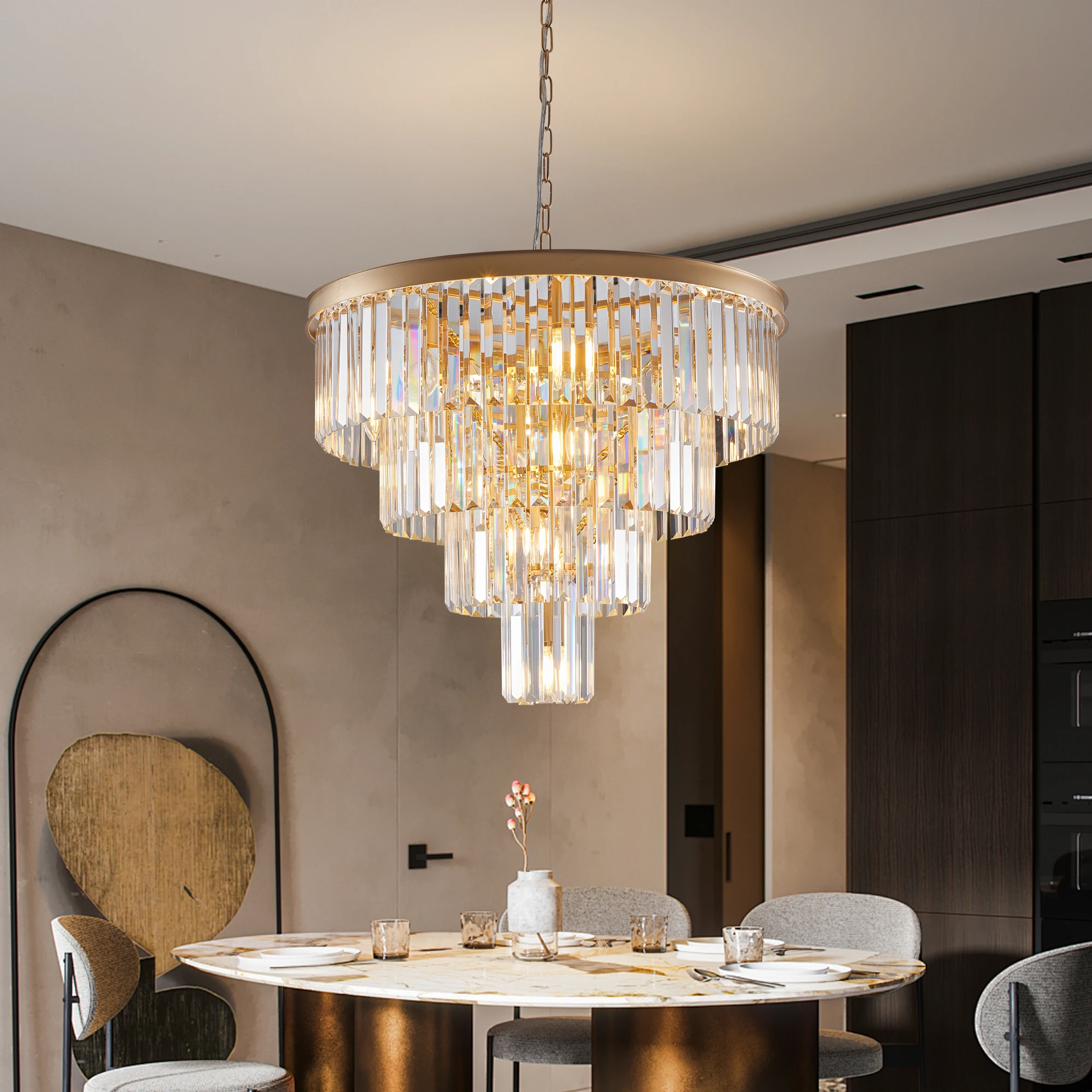 23.6 inch gold modern luxury crystal chandelier, 4 tier large round vintage crystal light for living room, dining room, kitchen.