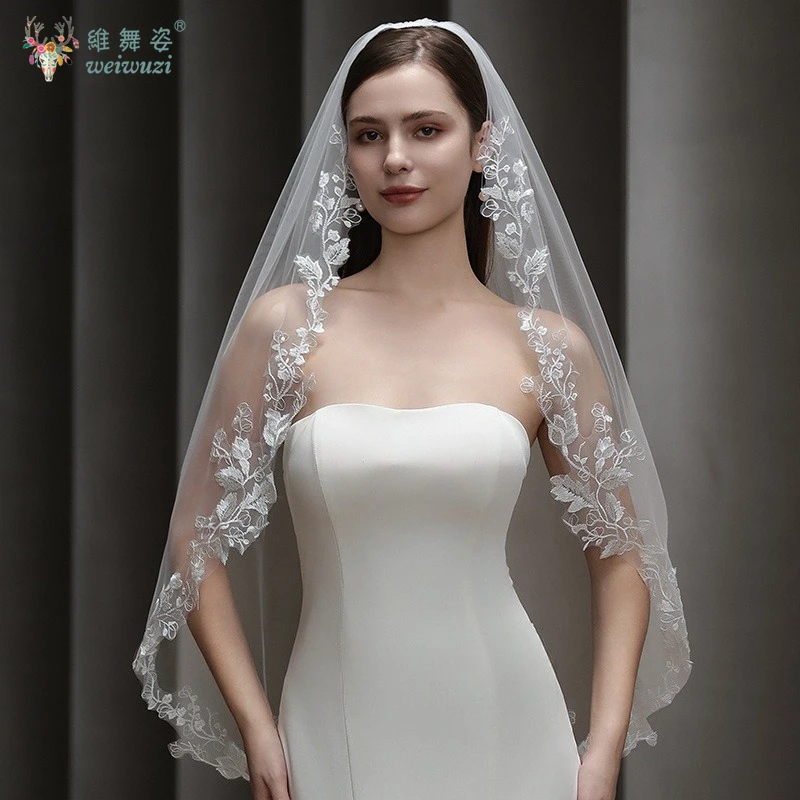 

Vintage French Single Layer Palace Lace Edge Wedding Bridal Veil Fingertip Veil Bridal Headdress Wedding and Birthday Photo Prop