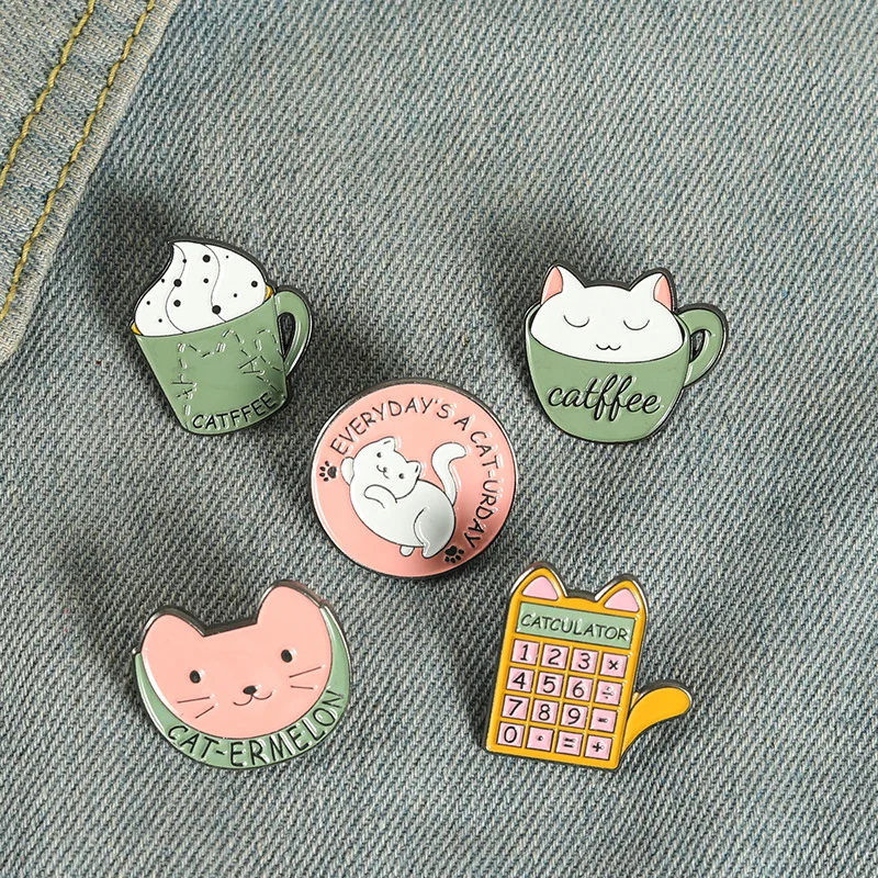 Cartoon Cat Enamel Pins Badges Calculator Coffee Cup Brooches for Women Cute Animal Lapel Pin Bags Anime Jewelry Gifts Wholesale