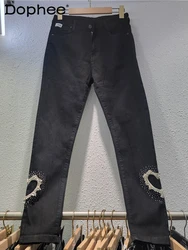 Pantalones vaqueros de pierna recta para mujer, Pantalón elástico delgado de pie pequeño y nueve puntos, color negro, gran industria, Otoño, 2024