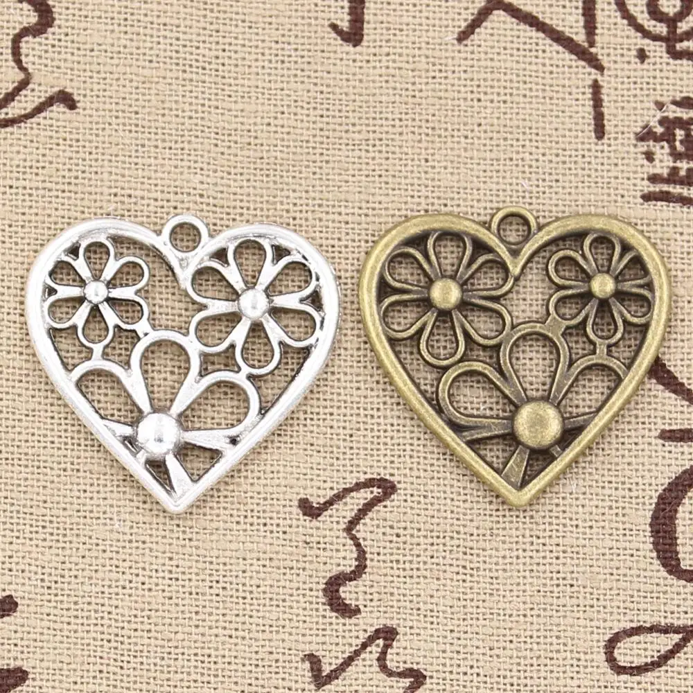 8 sztuk Charms serce kwiat 29x29mm antyczne amulety, wisiorek fit, Vintage tybetański brąz kolor srebrny, DIY ręcznie robiona biżuteria