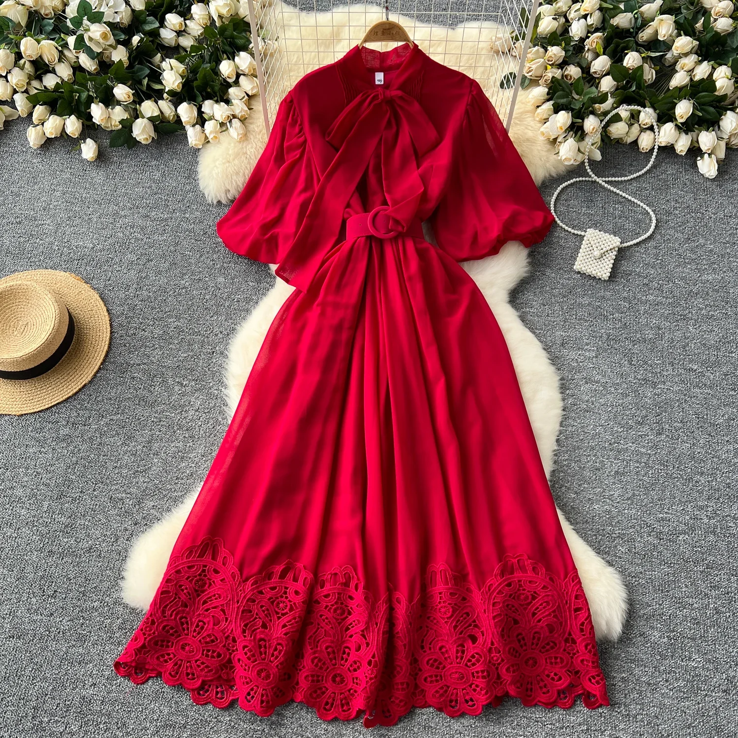 French Style Retro Elegant Dress Women Bow Lace-up Lantern Sleeve Slim Waist A-line Robe Hook Flower Splicing Big Swing Vestidos