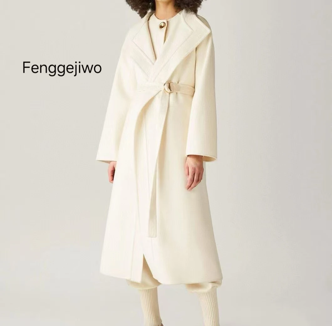 

Fenggejiwo Old Money Style Lazy Relaxation Cashmere Wool Double sided Woolen Collar Medium Long Coat White Double sided Woolen C