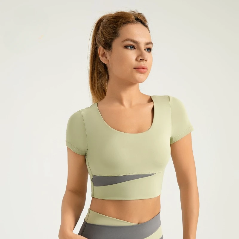 

Women's Sport Gym Yoga Top Short Sleeves Color Block Fitness Wear with Chest Pad Naked Feeling Lingerie Style Fitness Clothing
