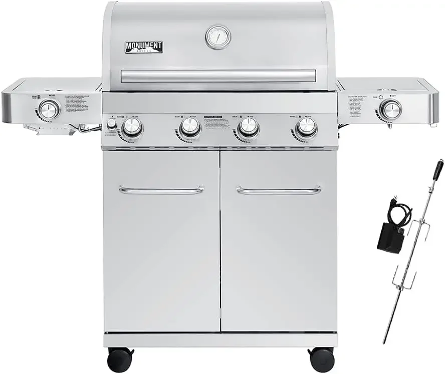 

Monument Grills Larger 4-Burner Propane Gas Grills Warming Rack Stainless Steel with Rotisserie Kit(2 Items)