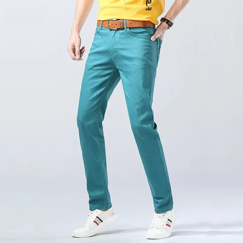 2026 Autumn 72% Cotton New Men's Bright Stretch Fit Jeans Trendy Denim Straight-leg Trousers Male Red Lake Blue Yellow Trousers