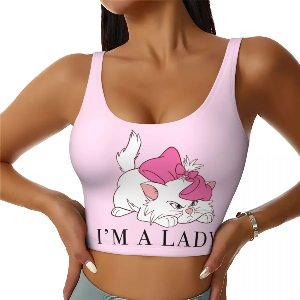 

Women's Cute Baby White Angry Kitty With Pink Bows Sports Bra Funny Marie Cat High Impact Gym Workout Yoga Crop Tank Tops