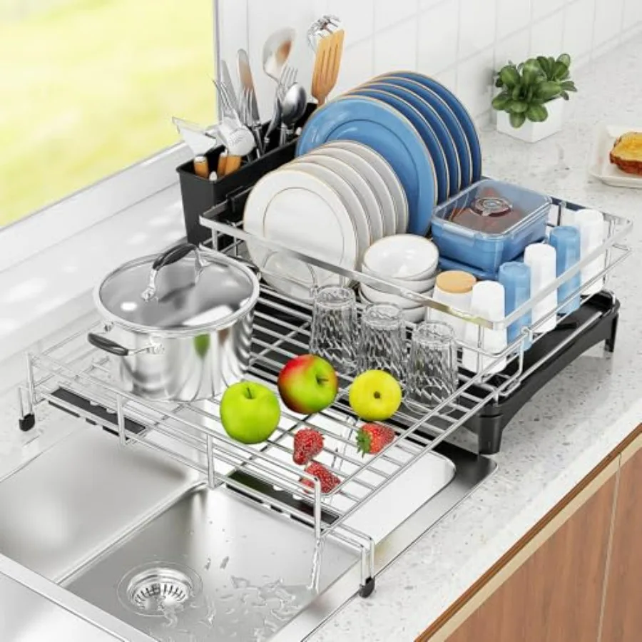 

Large Extendable Dish Drying Rack with Cutlery Holder Silver Stainless Steel Kitchen Counter Dish Drainer Over the Sink Dish Ra