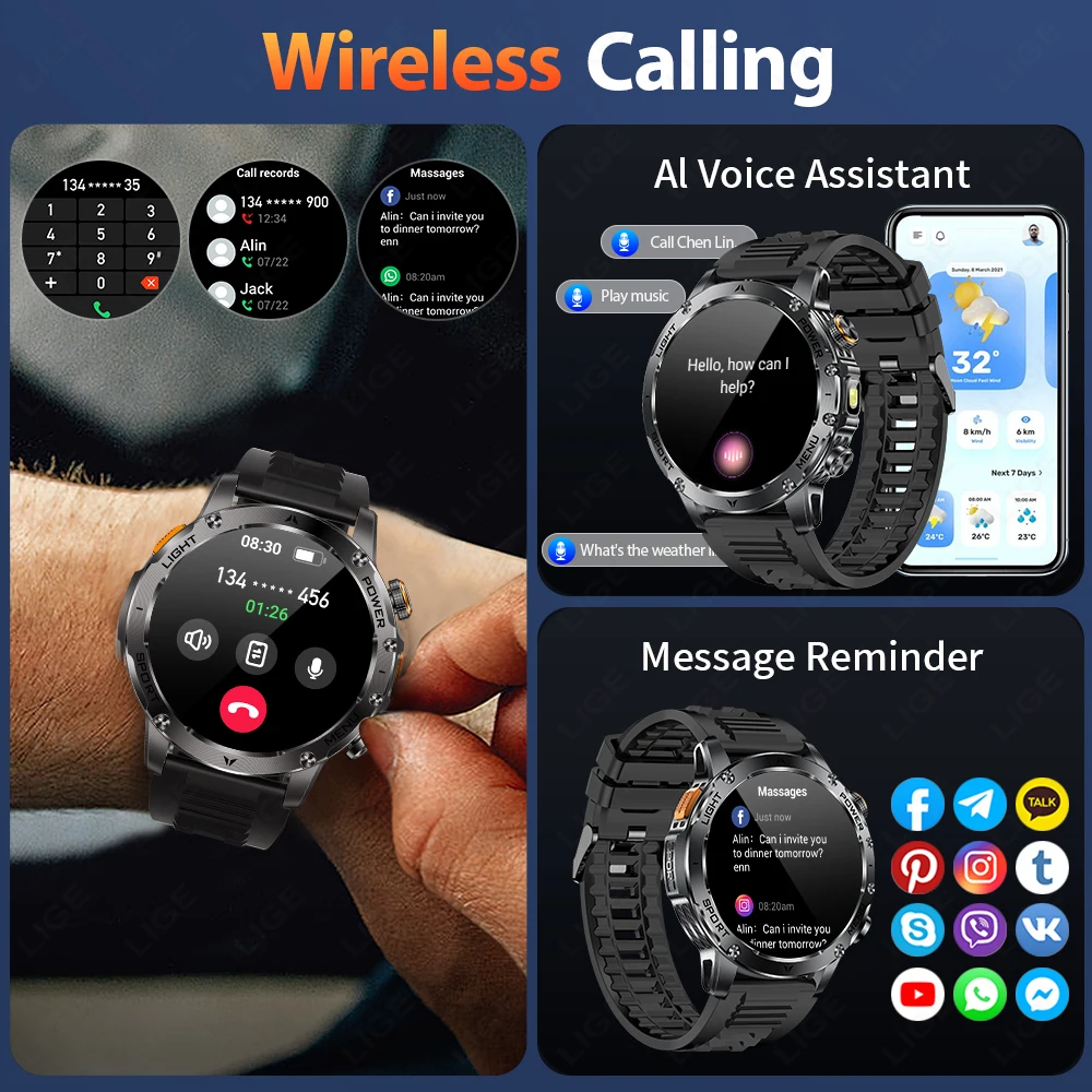 LIGE New Outdoor 1000mAh Battery Sports Smart Watch AMOLED Screen LED Flashlight Heart rate Waterproof Bluetooth Call SmartWatch