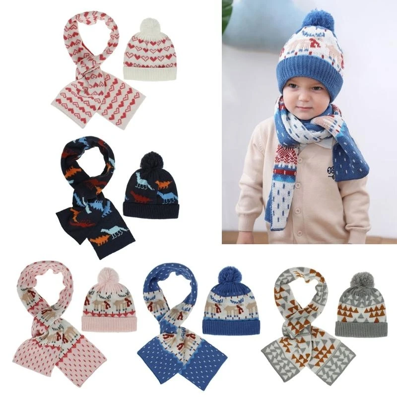 

J15U Winter Cartoon Animals Hat Scarf Set Warm Slouchy Cold Weather Knitted Hat