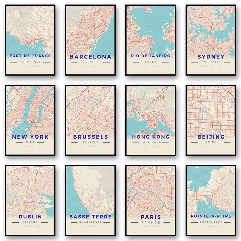 Classic City Maps Travel Beijing Sydney New York Paris Posters and Prints Canvas Printing Wall Art Picture for Living Room Decor