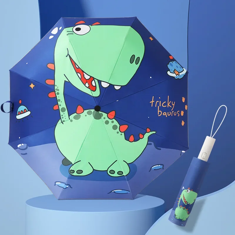 Automatischer Regenschirm, Dinosaurier-Regenschirm, Sonnenschutz und Windkante, reflektierendes Streifen-Design, Reise-Klappschirm