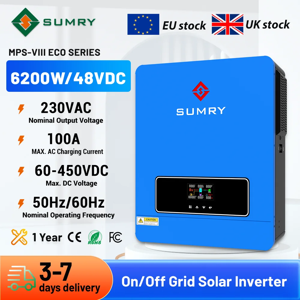 Sumry 6200W Hybrid on/ Grid Solar Inverter Pure Sine Wave Inverter 48V Dual Output with MPPT 120A Solar Charger 50/60HZ