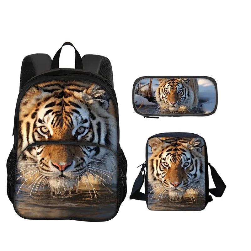 Tiger round front bag backpack pencil case shoulder bag 3Pcs set animal print perfect gift for boys and girls' school birthdays
